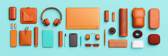 digital nomad home concept. flat lay of essential digital nomad tech gear in vibrant orange tones