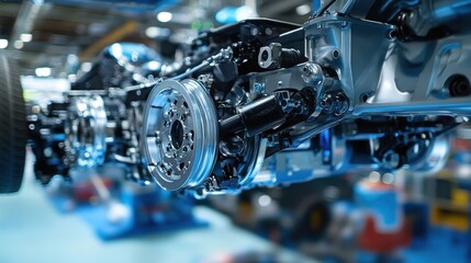 Obraz premium Lifelike truck chassis close-up, showcasing intricate details of frame, axles, and suspension components