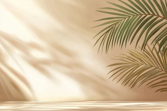 Serene beige background with palm leaves and soft sunlight creating shadows; ideal for product display or minimalist design.