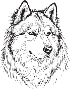 recommend clip art: Alaskan Malamute Dog Puppy Portrait Linear Drawing Sketch Art Black and White Vector Illustration
