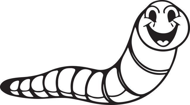 Cheerful Worm with a Big Smile - Black Line Art Illustration on White Background

