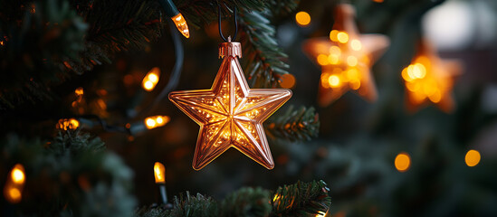 Spruce tree and stars, Christmas tree garland close up, bokeh lights background. Merry Christmas and Happy Holidays greeting card, frame, banner. New Year. Noel. Winter xmas festive theme.