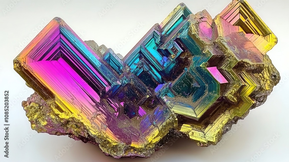 Poster close-up of a mesmerizing bismuth crystal with vivid rainbow colors and geometric patterns