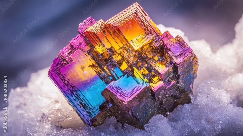 Poster close-up of a mesmerizing bismuth crystal with vivid rainbow colors and geometric patterns