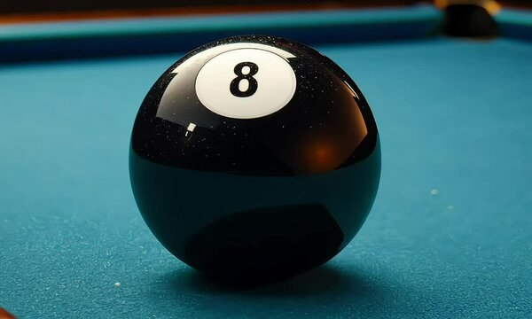 Close-up view of the eight ball on a pool table.