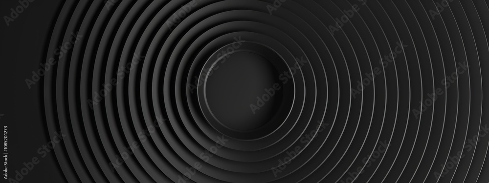 Poster Abstract circular pattern with concentric circles on a minimalist black background. Banner template with white space for text, suitable for modern and professional design applications.