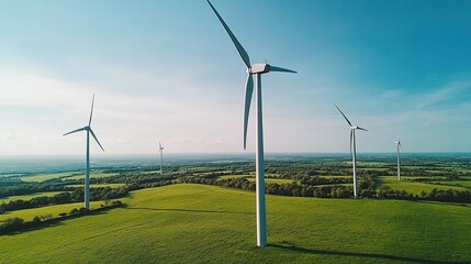 Aerial view of wind turbines in a green landscape under a clear blue sky.