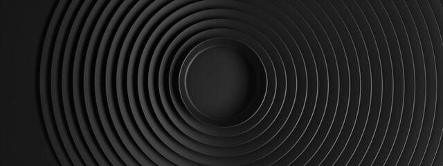 Abstract circular pattern with concentric circles on a minimalist black background. Banner template with white space for text, suitable for modern and professional design applications.