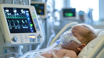 High-resolution photo of a premature infant with a breathing mask, lying comfortably in a neonatal unit with soothing surroundings and balanced composition