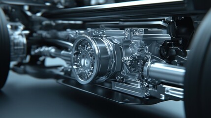 Fototapeta premium Lifelike truck structure with a focus on the detailed metal chassis and axle system