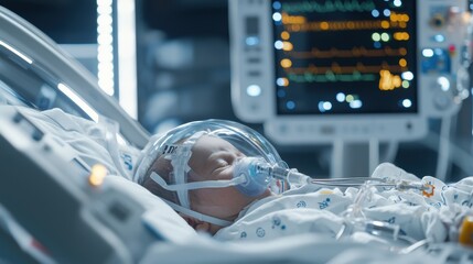 High-resolution photo of a premature infant with a breathing mask, lying comfortably in a neonatal unit with soothing surroundings and balanced composition