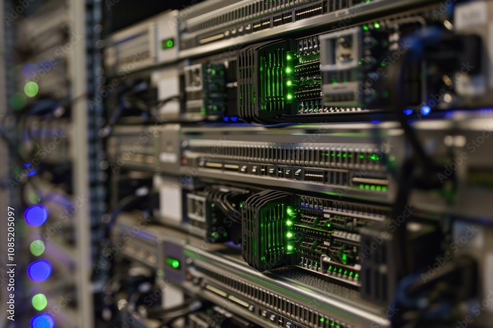 Poster server units with blinking green lights are neatly stacked in a data center