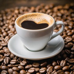 Mug on plate filled with coffee surrounded by coffee beans