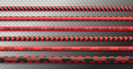 Set of red caution tapes. Security line. Crime scene barrier tape. Seamless ribbons. Vector illustration.