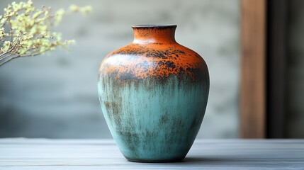 Elegant ceramic vase, teal and orange glaze, rustic setting.