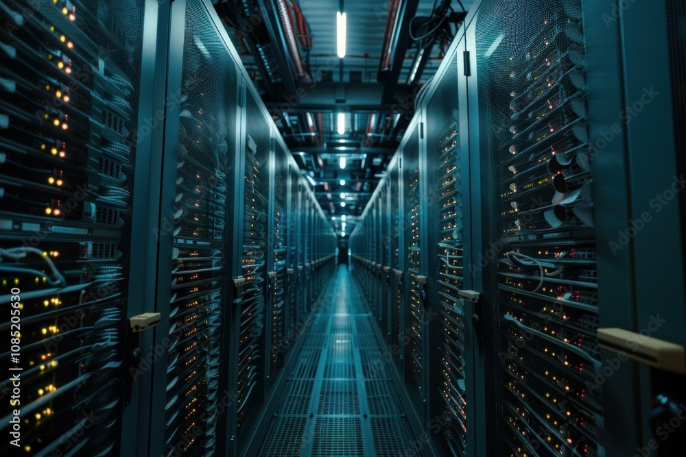 Poster server room with numerous servers storing data in a modern data center