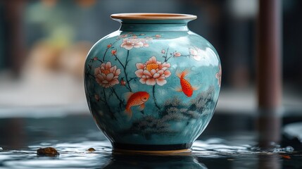 Teal porcelain vase with goldfish and floral design, sitting on wet stone.