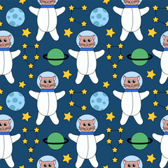 Space Seamless Pattern with Cute cat astronaut, Planets and Stars, Constellation. Vector Background for Kids Design. Flat Illustration.