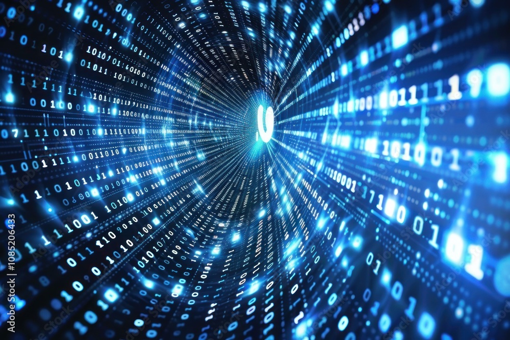 Poster Blue digital tunnel transferring binary code data with high speed movement
