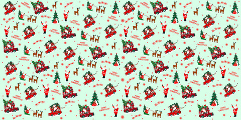 Christmas pattern with holiday elements: snowman, gifts, Christmas trees, Santa Claus, deers. Seamless pattern for wallpaper, pattern fills, web page background, surface textur.  Vector illustration