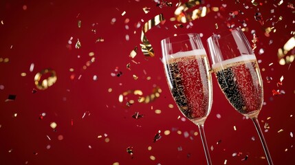 New Years Eve party elements, such as confetti, streamers, and champagne flutes, artistically scattered on a deep red background,
