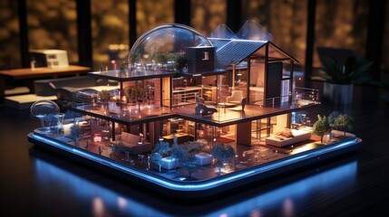 In a minimalist and futuristic smart home interior, an modren augmented reality interface displays various smart home components and controls. The isometric design