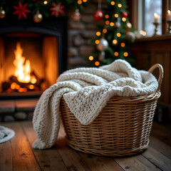 Obraz premium Warm and inviting basket with knitted blanket by the fireplace surrounded by festive decor and soft lighting, photography of still life concept.