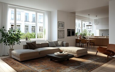 Fototapeta premium Modern living room with a cozy ambiance and open kitchen design.