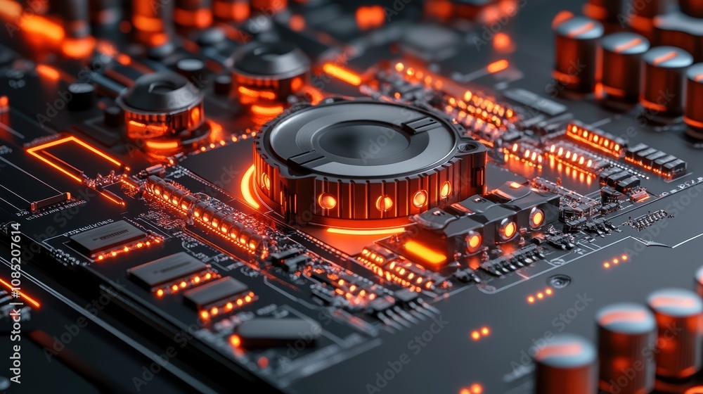 Aufkleber a close-up view of a circuit board illuminated by orange lights, showcasing intricate electronic com