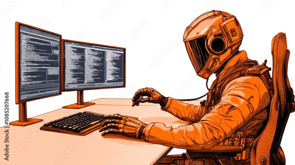 Poster a futuristic astronaut working at dual computer monitors, showcasing a blend of technology and space