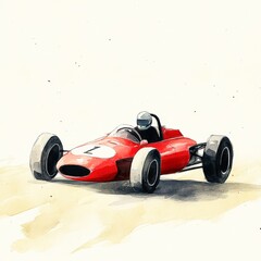 A classic racing car in vibrant red with a driver wearing a racing helmet, depicted in a watercolor style, Ideal for automotive themed projects, racing events, or promotional materials,
