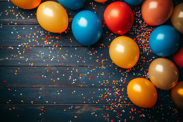 Festive celebration with colorful balloons and confetti on rustic wooden background for party themes and holiday events