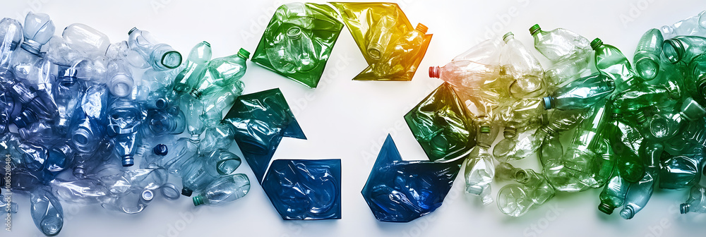 Poster conceptual image of a recycle symbol formed with crushed transparent plastic bottles highlighting ec