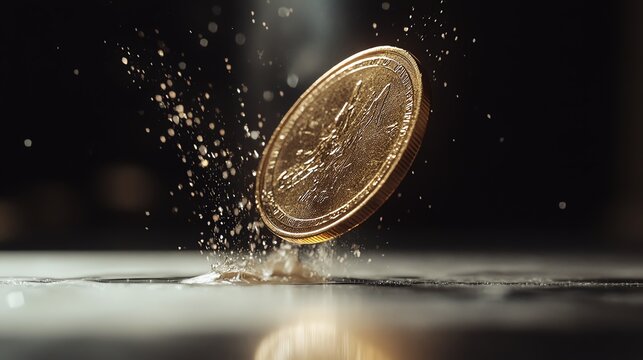 Golden coin splashing on wet surface with dark background.