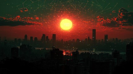 Cityscape sunset with network overlay.