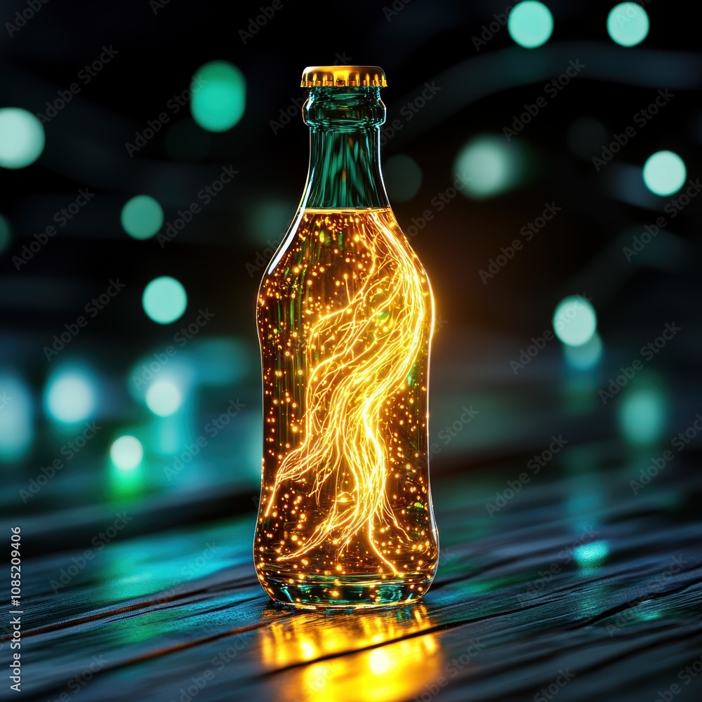 Poster A glowing bottle filled with shimmering light, set against a backdrop of soft bokeh, creating a magical and enchanting atmosphere.