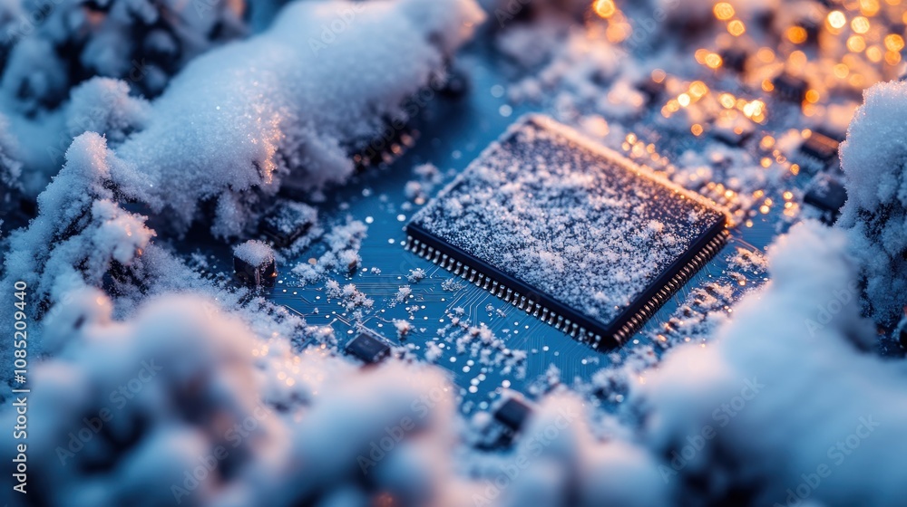 Poster frozen circuit board. snow-covered microprocessor.