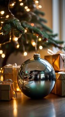 A stunning, classic depiction of a Christmas tree adorned with vibrant red and gold ornaments, sparkling lights, and a large golden star with a red ribbon as the tree topper. The tree is surrounded by