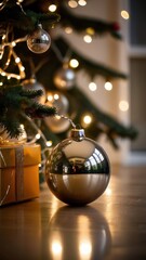 A stunning, classic depiction of a Christmas tree adorned with vibrant red and gold ornaments, sparkling lights, and a large golden star with a red ribbon as the tree topper. The tree is surrounded by