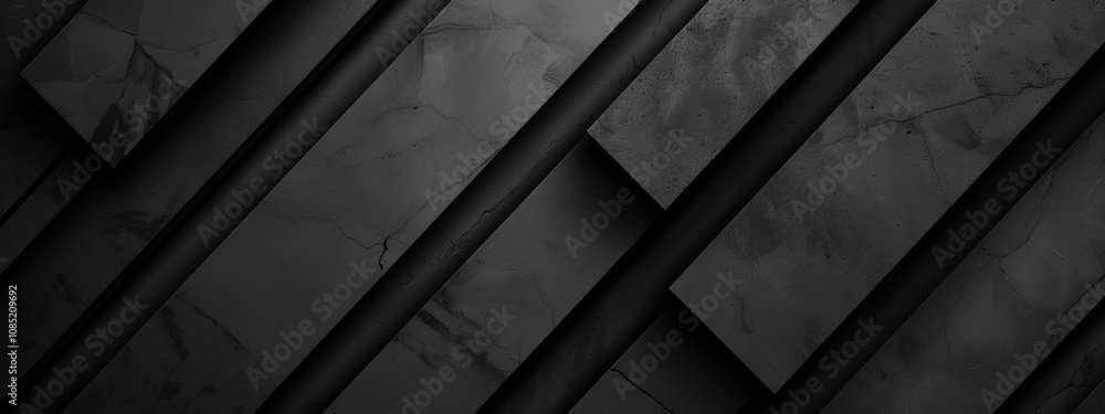 Poster Black Background with Diagonal Lines and Shapes, Banner Template with White Space for Text. Minimalist Abstract Wallpaper with Copy Space on Black Background. Clean Modern Wallpaper.