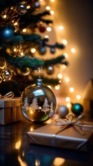 A stunning, classic depiction of a Christmas tree adorned with vibrant red and gold ornaments, sparkling lights, and a large golden star with a red ribbon as the tree topper. The tree is surrounded by