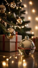 A stunning, classic depiction of a Christmas tree adorned with vibrant red and gold ornaments, sparkling lights, and a large golden star with a red ribbon as the tree topper. The tree is surrounded by