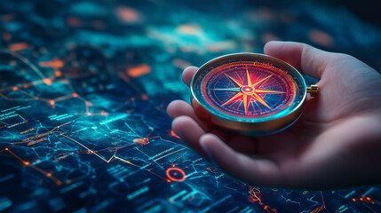 Futuristic Compass Held Against Digital Landscape
