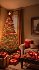 A stunning, classic depiction of a Christmas tree adorned with vibrant red and gold ornaments, sparkling lights, and a large golden star with a red ribbon as the tree topper. The tree is surrounded by