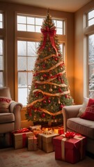 A stunning, classic depiction of a Christmas tree adorned with vibrant red and gold ornaments, sparkling lights, and a large golden star with a red ribbon as the tree topper. The tree is surrounded by