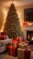 A stunning, classic depiction of a Christmas tree adorned with vibrant red and gold ornaments, sparkling lights, and a large golden star with a red ribbon as the tree topper. The tree is surrounded by
