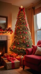 A stunning, classic depiction of a Christmas tree adorned with vibrant red and gold ornaments, sparkling lights, and a large golden star with a red ribbon as the tree topper. The tree is surrounded by