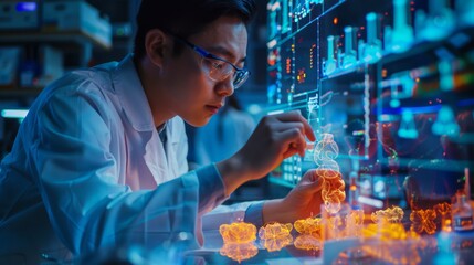 Scientist analyzing holographic DNA and molecular structures in a futuristic high-tech laboratory