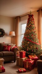 A stunning, classic depiction of a Christmas tree adorned with vibrant red and gold ornaments, sparkling lights, and a large golden star with a red ribbon as the tree topper. The tree is surrounded by