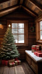 A stunning, classic depiction of a Christmas tree adorned with vibrant red and gold ornaments, sparkling lights, and a large golden star with a red ribbon as the tree topper. The tree is surrounded by